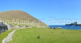 Panoramic: looking out on Village Bay from Main Street, St Kilda, Hebrides.