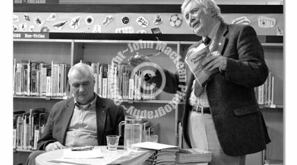 Uilleam Aonghas MacMhathain (William Angus Matheson), at the launch of his book Duilleag Beatha. Seen here with Maoilios Caimbeul.